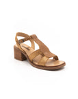 Heeled sandals in brown and gold tones.