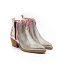 Cowboy-style summer boots in silver and metallic pink.