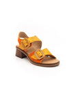 Sandals with small heels in shades of orange.