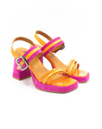 Heeled sandals in orange and pink.