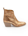 A single ankle boot with a bronze metallic finish and a low heel, isolated on a white background.