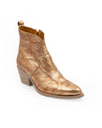 A single ankle boot with a bronze metallic finish and a low heel, isolated on a white background.