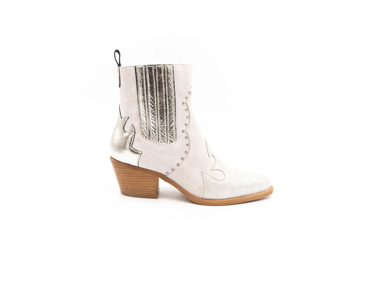 A white ankle boot with a heel, featuring a side zipper and decorative stitching detail.