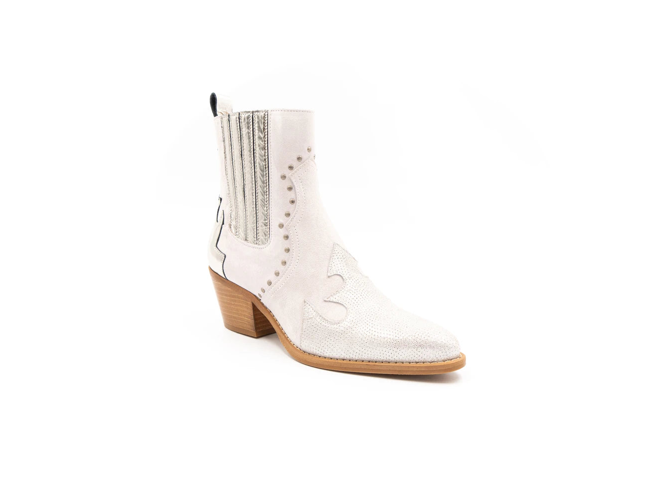 A white ankle boot with a heel, featuring a side zipper and decorative stitching detail.
