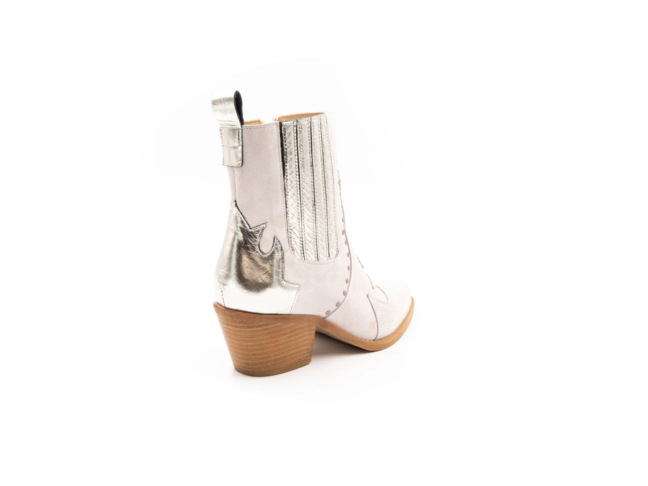 A white ankle boot with a heel, featuring a side zipper and decorative stitching detail.