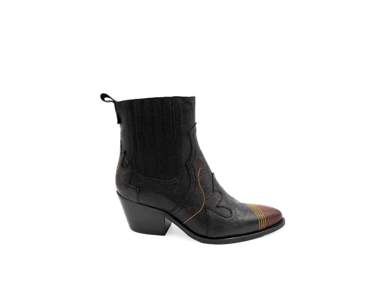 Black ankle boot with brown accents on a white background