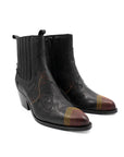 Black leather boots with multicolored tip on a white background