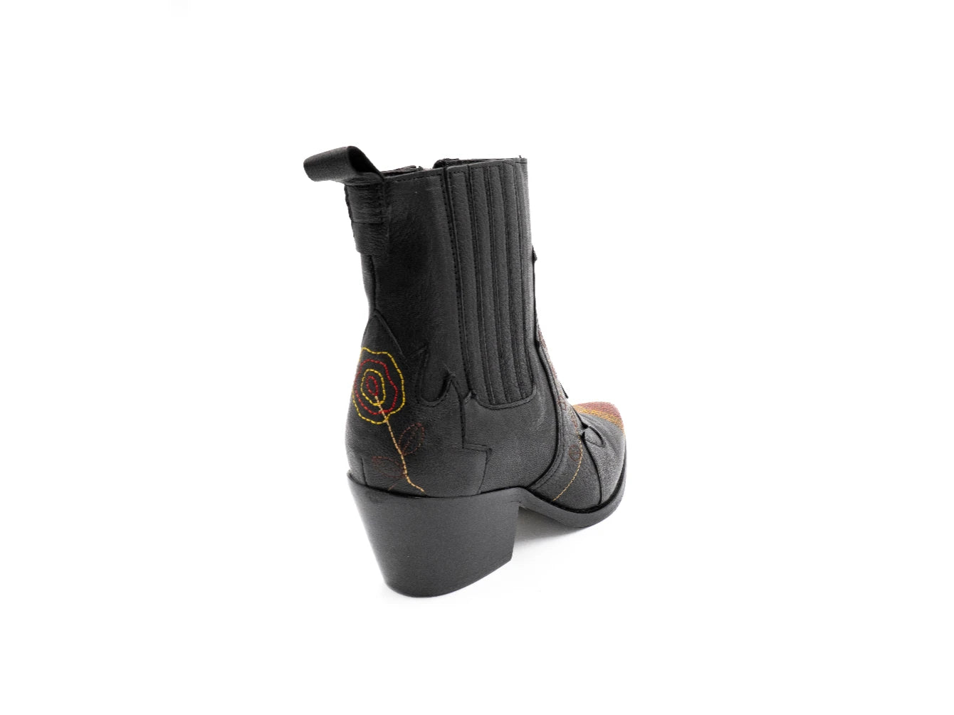 Black boot with a brand logo on a white background