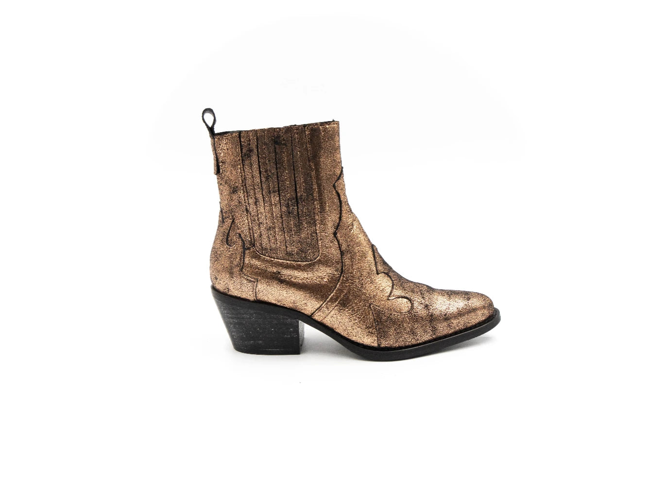 Gold metallic ankle boot on a white background