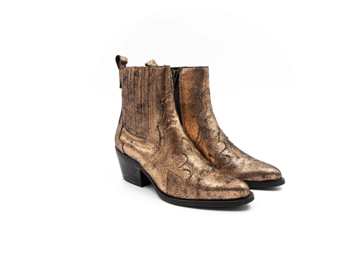 Gold metallic ankle boot on a white background