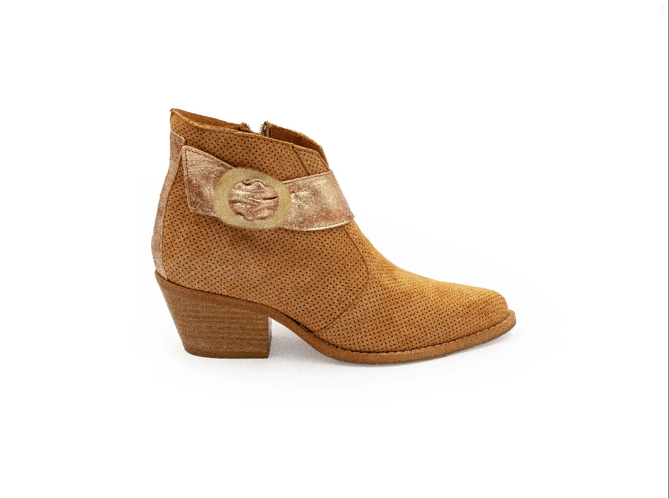 A brown ankle boot with a decorative buckle and a low heel, designed for women.