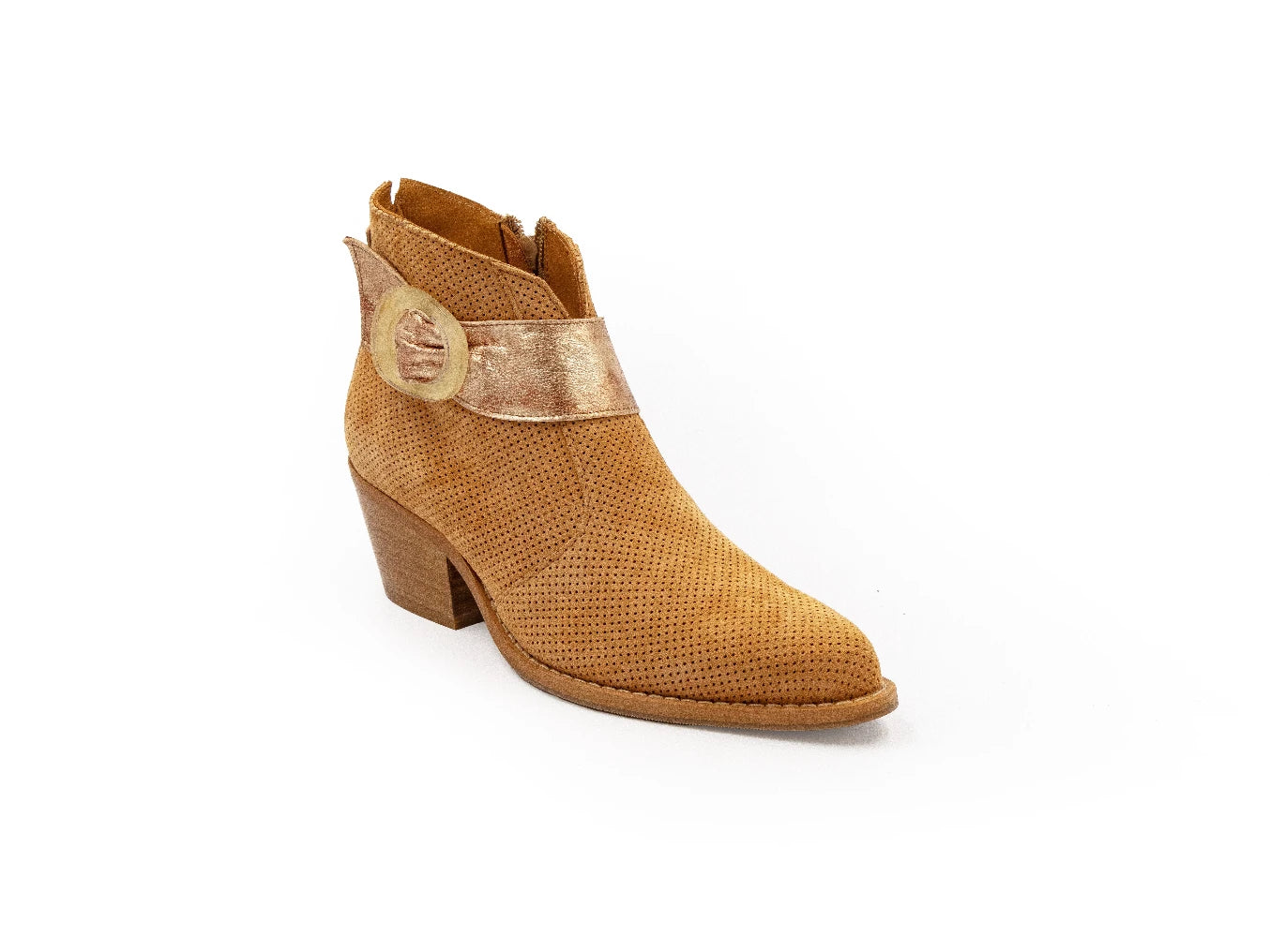 Brown woven ankle boot with a gold strap on a white background