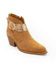 Brown woven ankle boot with a gold strap on a white background