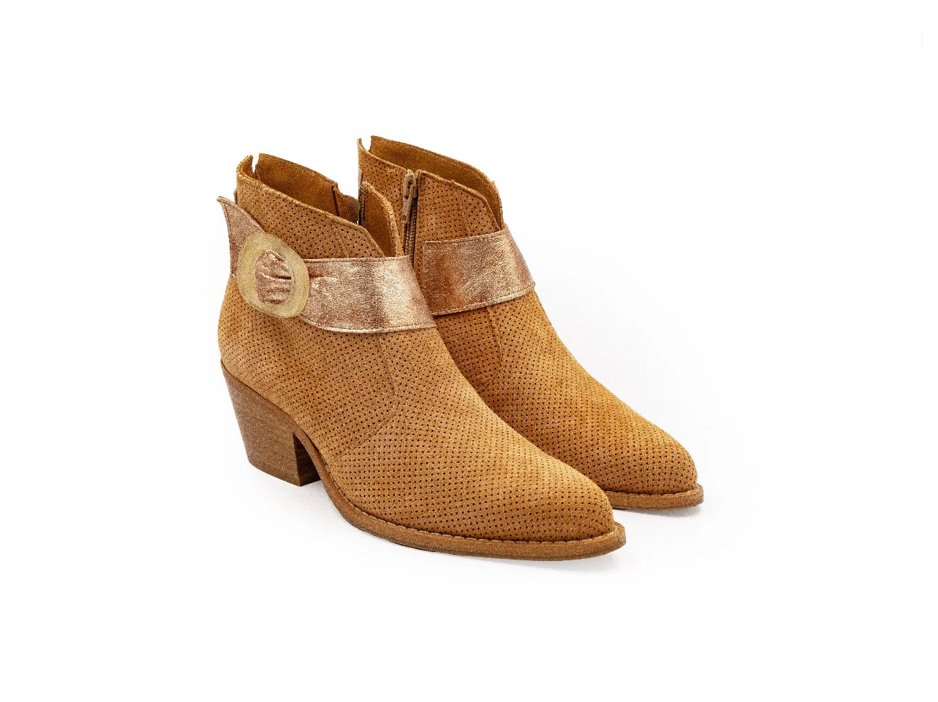 Pair of brown ankle boots with a decorative strap on a white background
