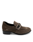 Brown loafer shoe with a decorative buckle on a white background