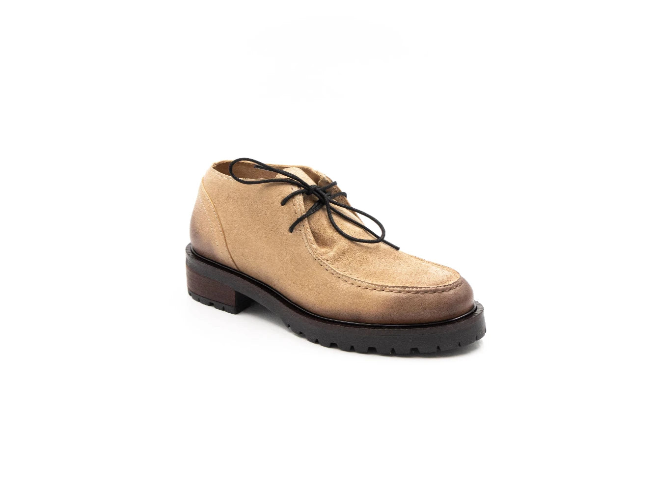 Tan suede shoe with black laces on a white background