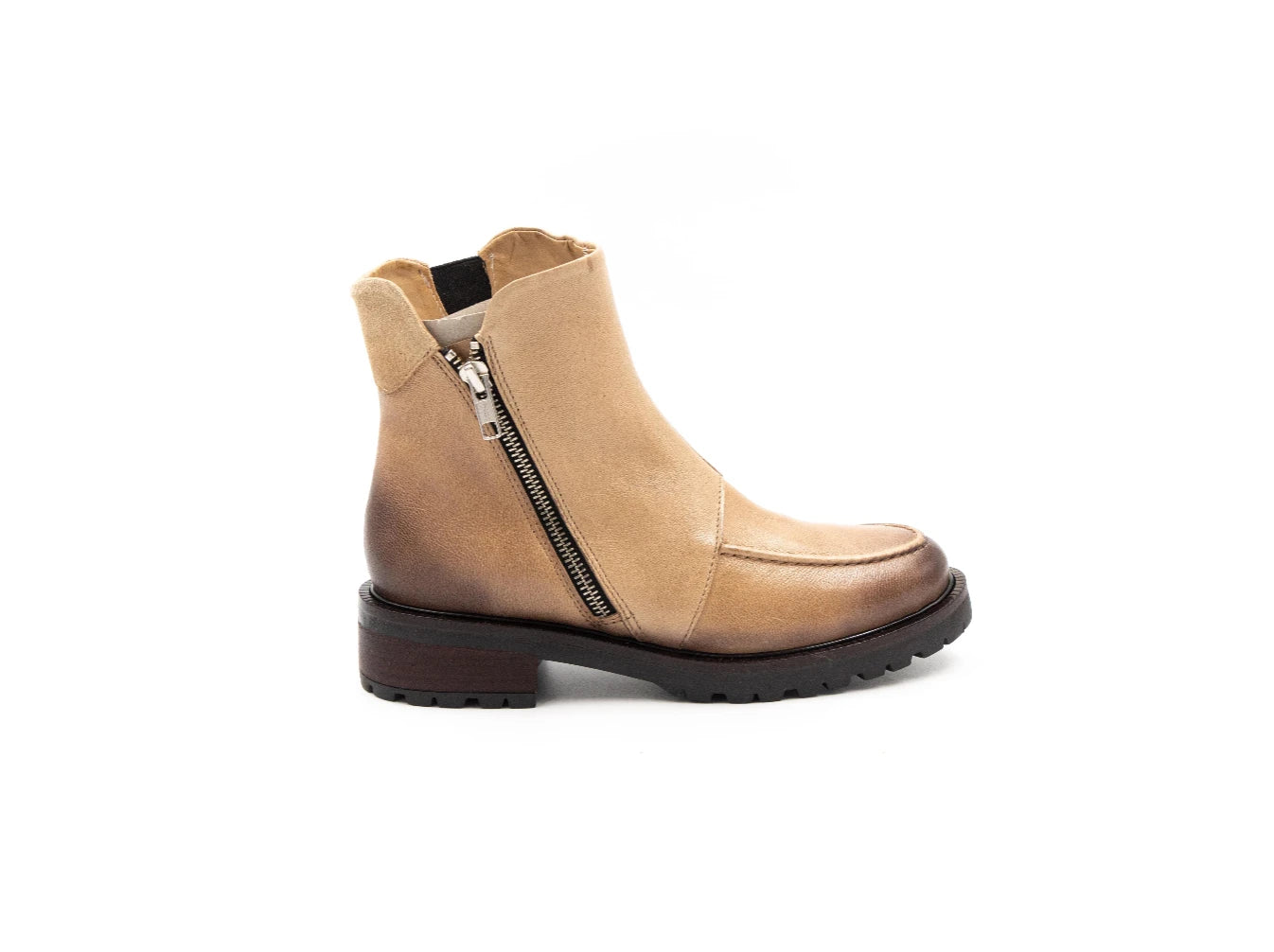 Tan ankle boot with a zipper on a white background