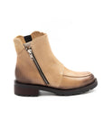Tan ankle boot with a zipper on a white background