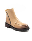 Tan ankle boot with a zipper on a white background