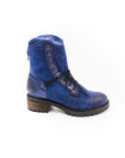Blue boot with decorative straps on a white background