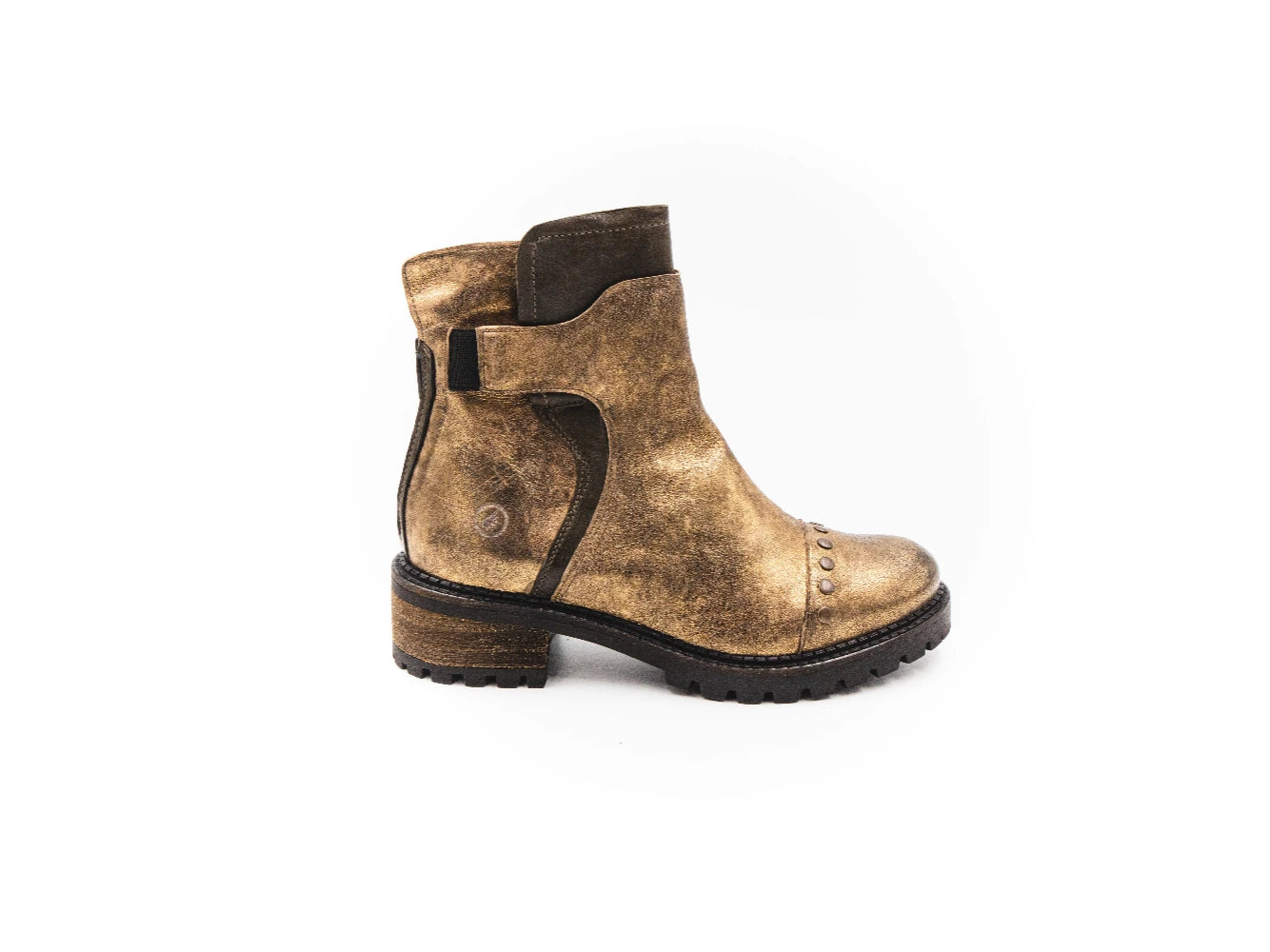 Bronze ankle boot with black accents on a white background