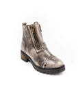 Brown leather boot with a zipper on a white background