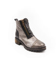 Gray ankle boot with a zipper on a white background