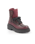 Brown and red leather boot on a white background