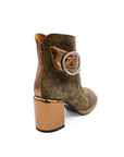 Brown ankle boot with gold block heel and silver buckle on a white background