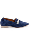 Blue suede loafer with a silver buckle on a white background