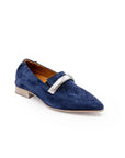 Blue suede shoe with a silver buckle on a white background