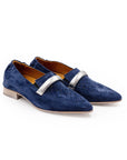 Pair of blue suede shoes with silver buckles on a white background