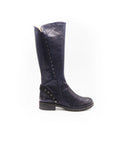 Navy knee-high boot with decorative elements on a white background