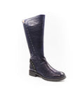 Navy blue knee-high boot on a white background