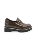 Brown leather shoe with a platform sole on a white background