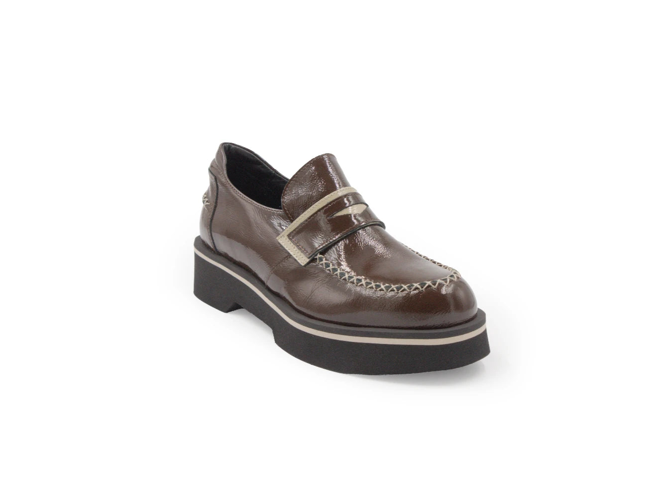 Brown leather shoe with a strap on a white background