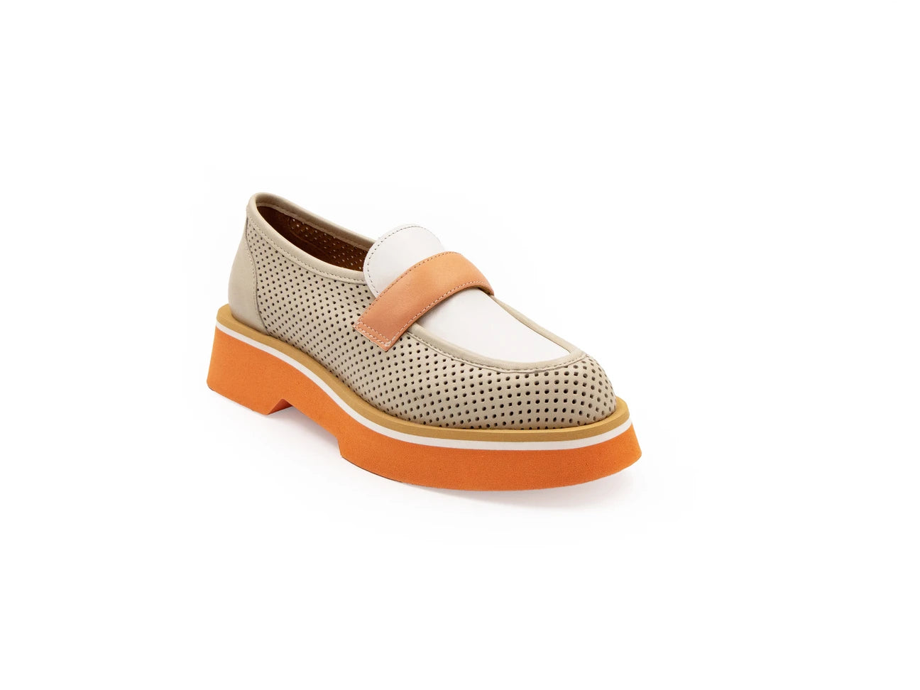 A beige and orange flat shoe with a perforated upper and a solid orange sole.