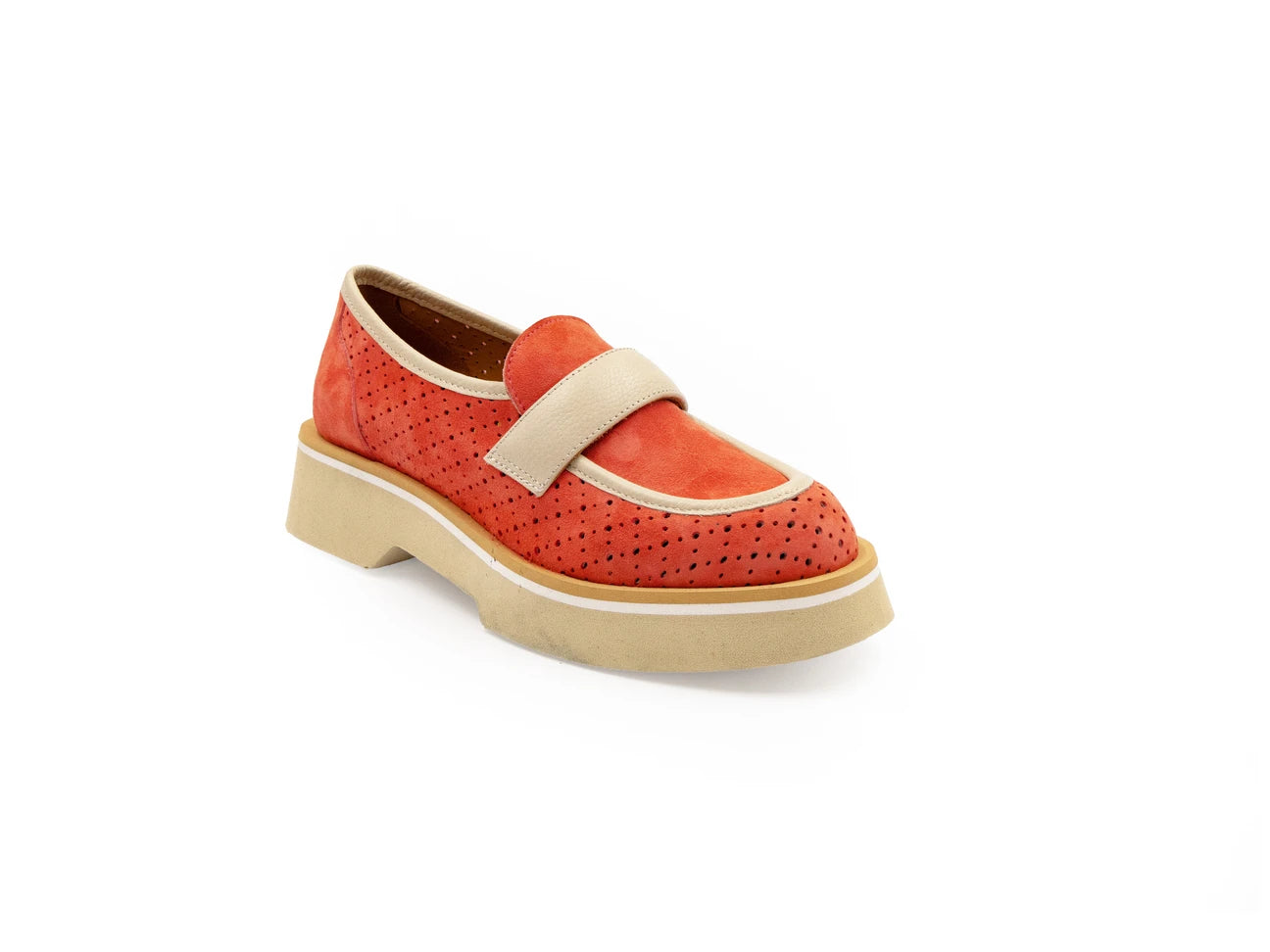 A red flat shoe with a white strap and a beige sole, designed for women.