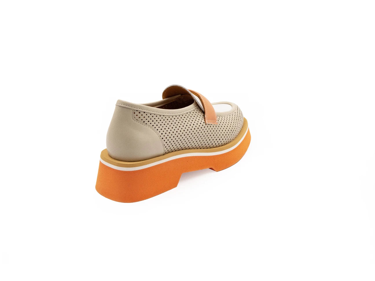 A beige and orange flat shoe with a perforated upper and a solid orange sole.