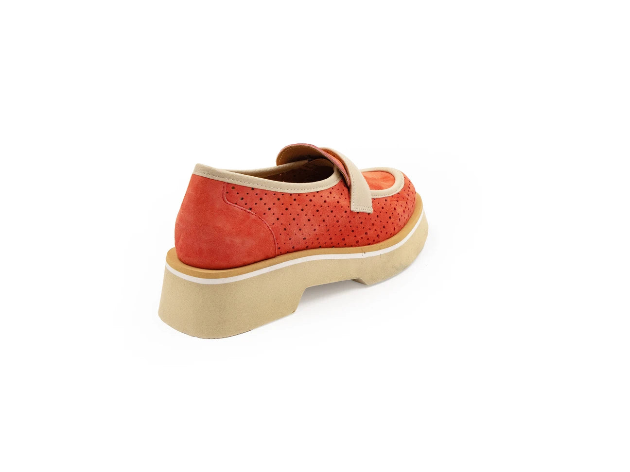 A red flat shoe with a white strap and a beige sole, designed for women.