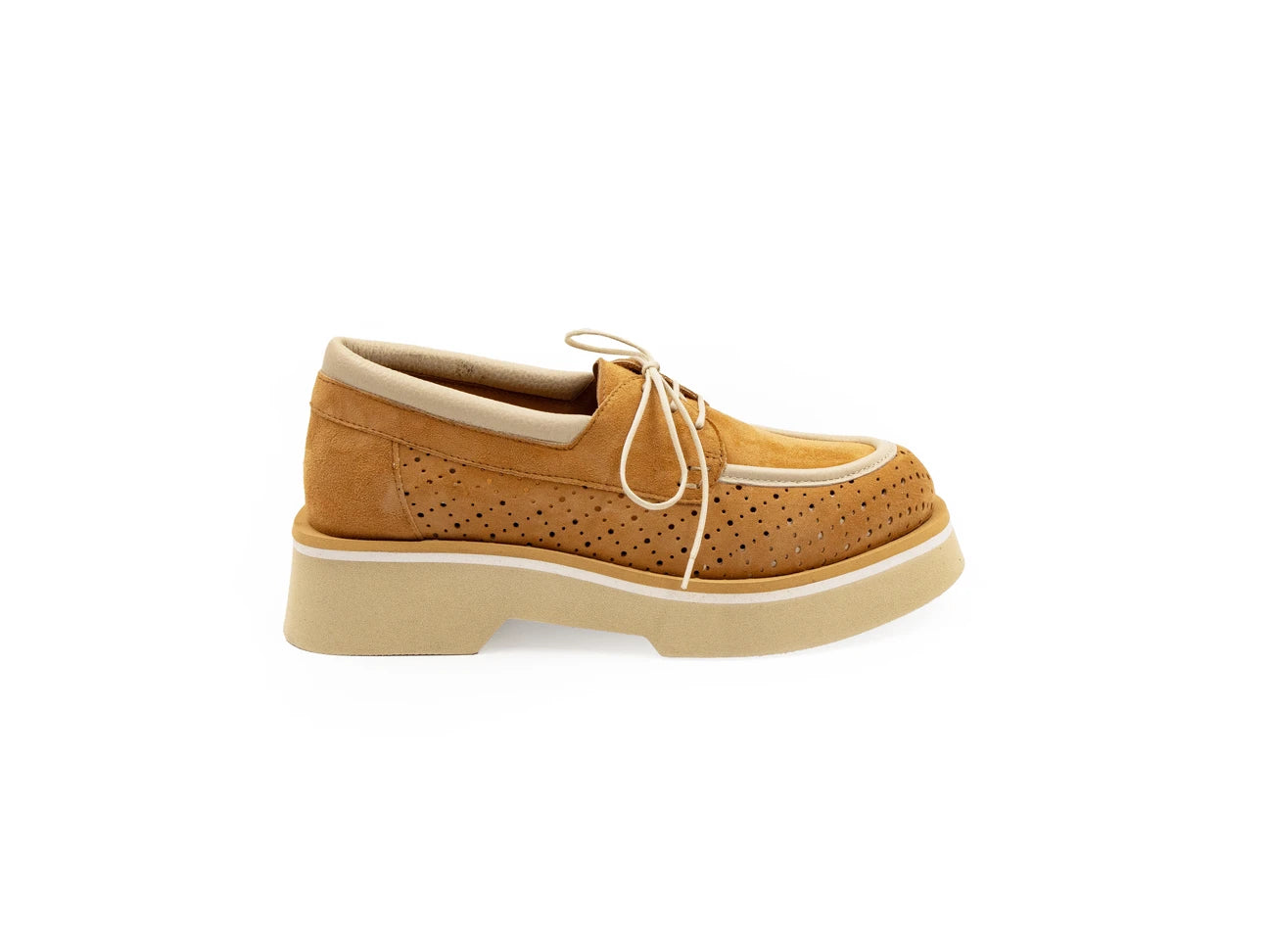 A tan-colored, slip-on casual shoe made of leather with a super light EVA foamed outsole.