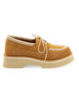 A tan-colored, slip-on casual shoe made of leather with a super light EVA foamed outsole.