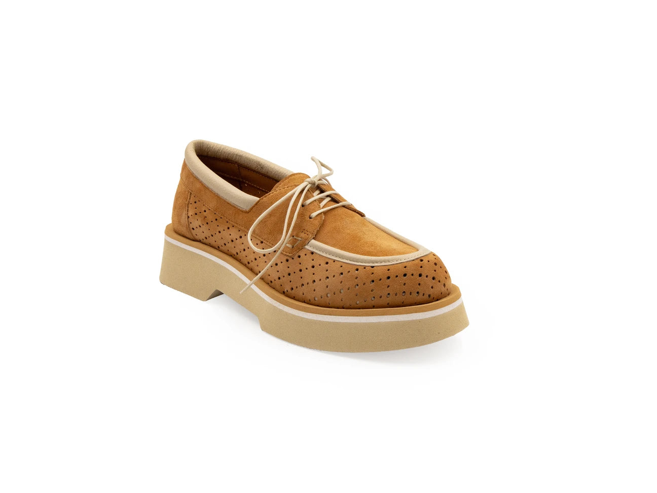A tan-colored, slip-on casual shoe made of leather with a super light EVA foamed outsole.