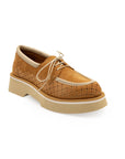 A tan-colored, slip-on casual shoe made of leather with a super light EVA foamed outsole.