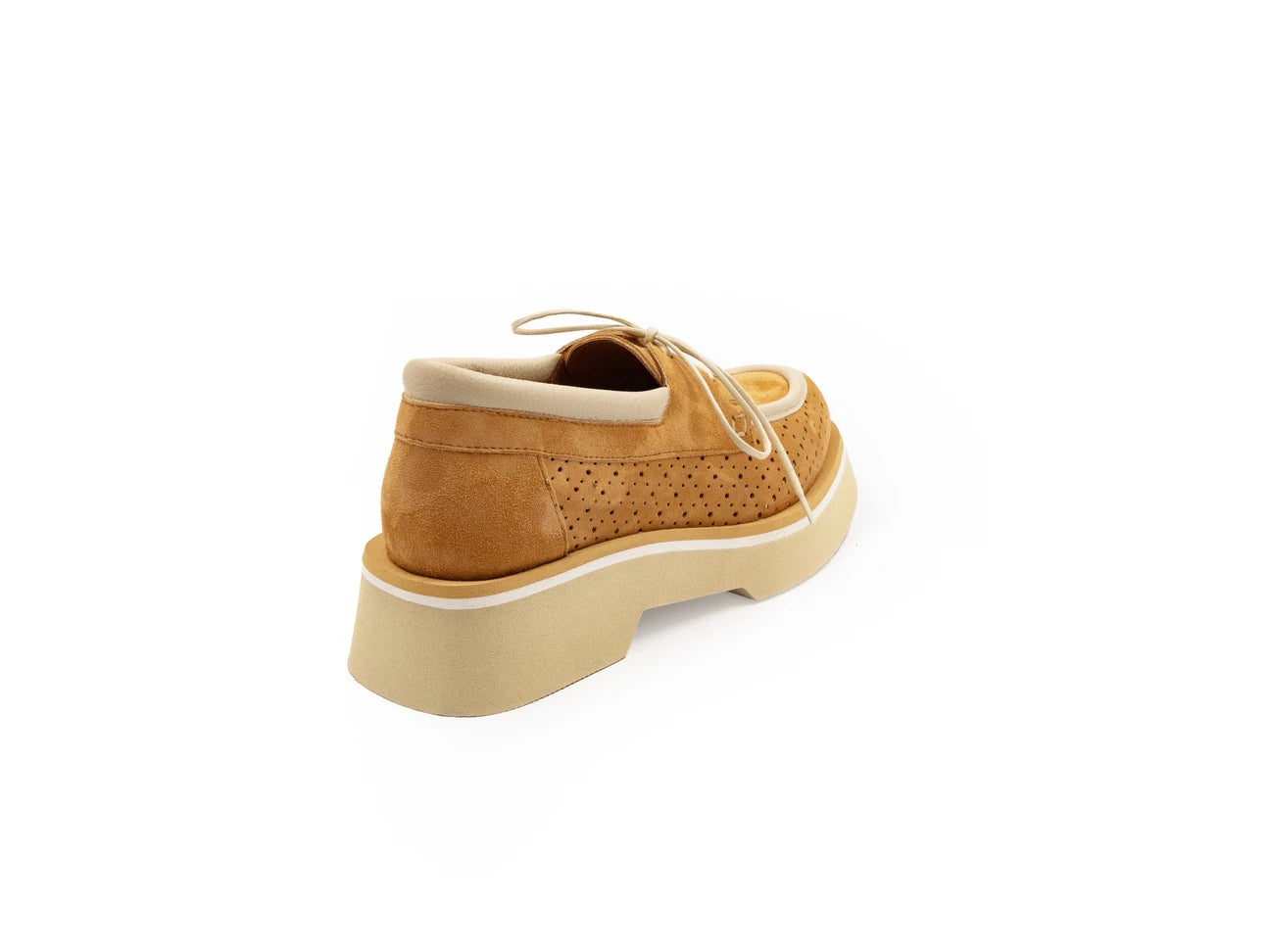 A tan-colored, slip-on casual shoe made of leather with a super light EVA foamed outsole.