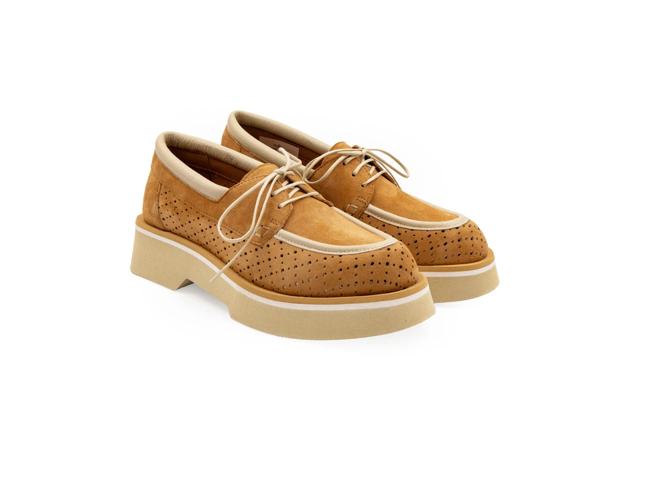 A tan-colored, slip-on casual shoe made of leather with a super light EVA foamed outsole.