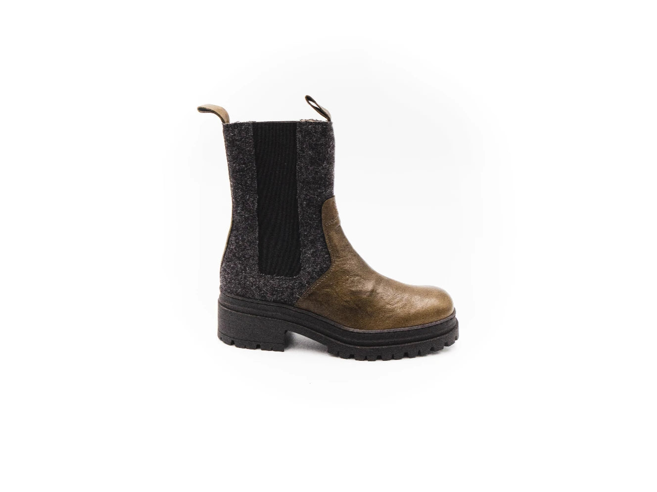 Brown Chelsea boot with black ribbed sock on a white background