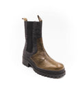 Brown Chelsea boot with black sole on a white background