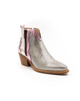 Cowboy-style summer boots in silver and metallic pink.