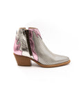 Cowboy-style summer boots in silver and metallic pink.